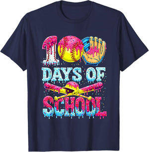100 Days of School Softball Ice Cream Dripping Pattern T-Shirt - T-Shirt | Navy