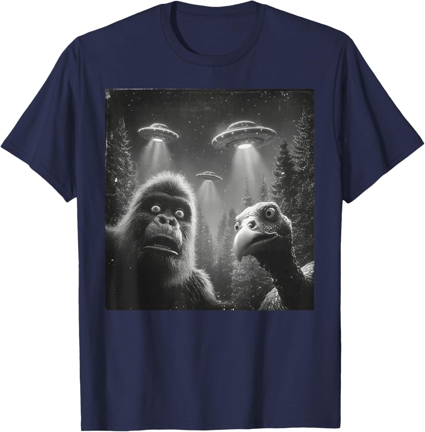 Funny Thanksgiving Bigfoot Turkey Selfie UFO Sasquatch T-Shirt - T-Shirt | Navy