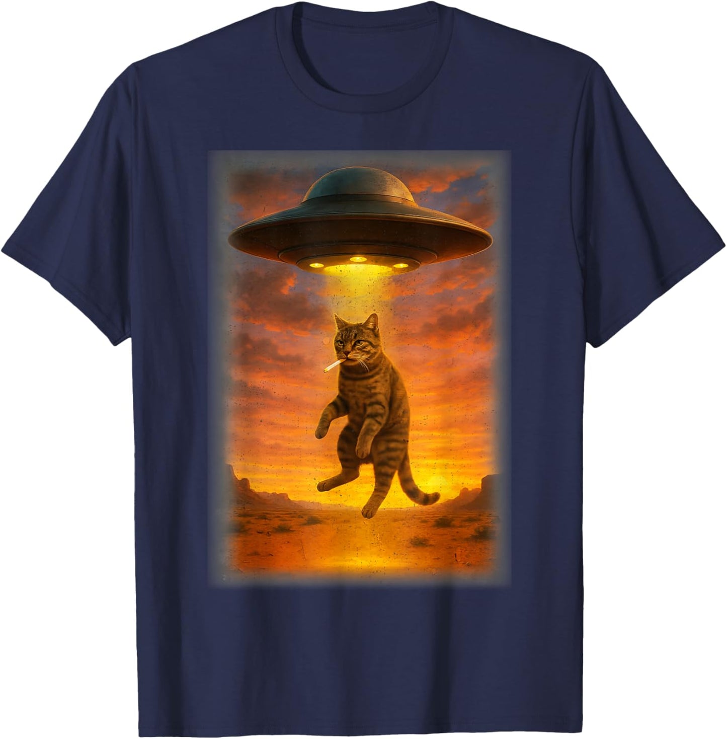 Retro Cat Smoking UFO Funny Japanese Anime Men Women T-Shirt - T-Shirt | Navy