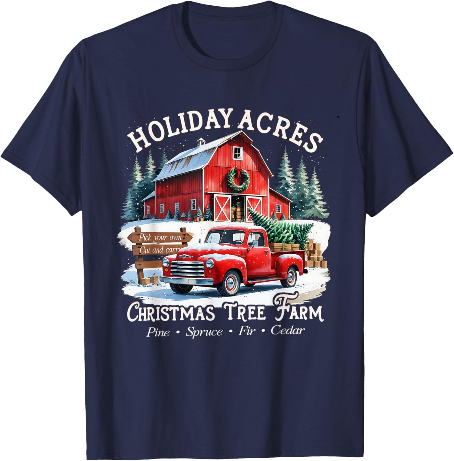 Vintage Red Truck Holiday Acres Christmas Tree Farm T-Shirt - T-Shirt | Navy
