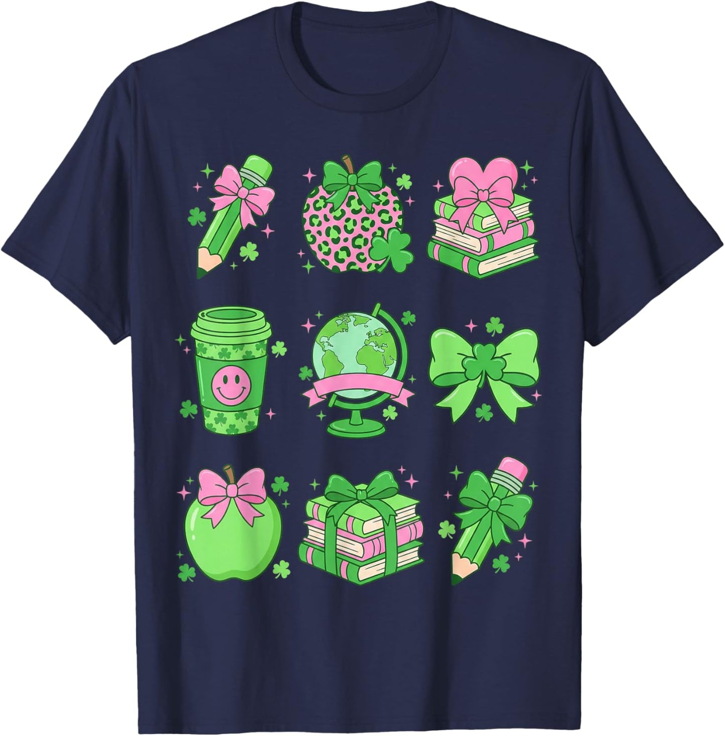 St Patrick's Day Lucky Teacher Shamrock Coquette Bow Pencil T-Shirt - T-Shirt | Navy