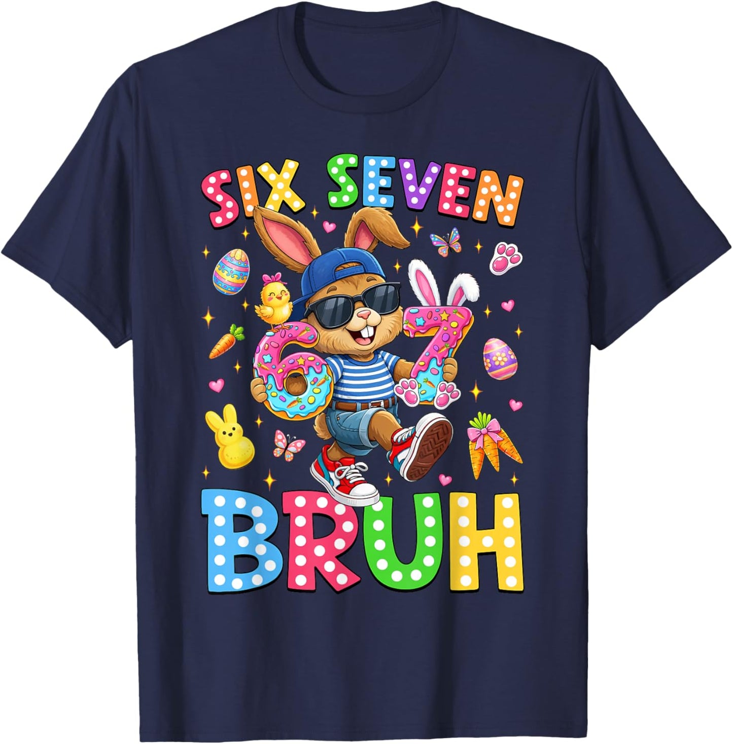 Six Seven Bruh Cute Bunny Rabbit Meme 6 7 Easter Day Boy Kid T-Shirt - T-Shirt | Navy