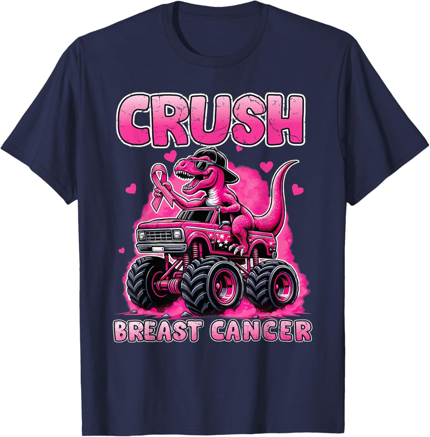 Crush Breast Cancer Awareness T rex Monster Truck Kids Boys T-Shirt - T-Shirt | Navy