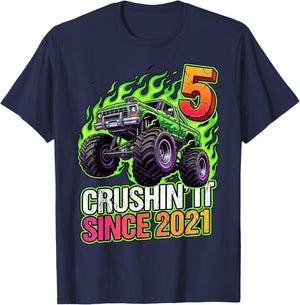 Birthday Monster Truck 5 Year Old Boys 5th Party Born 2021 T-Shirt - T-Shirt | Navy