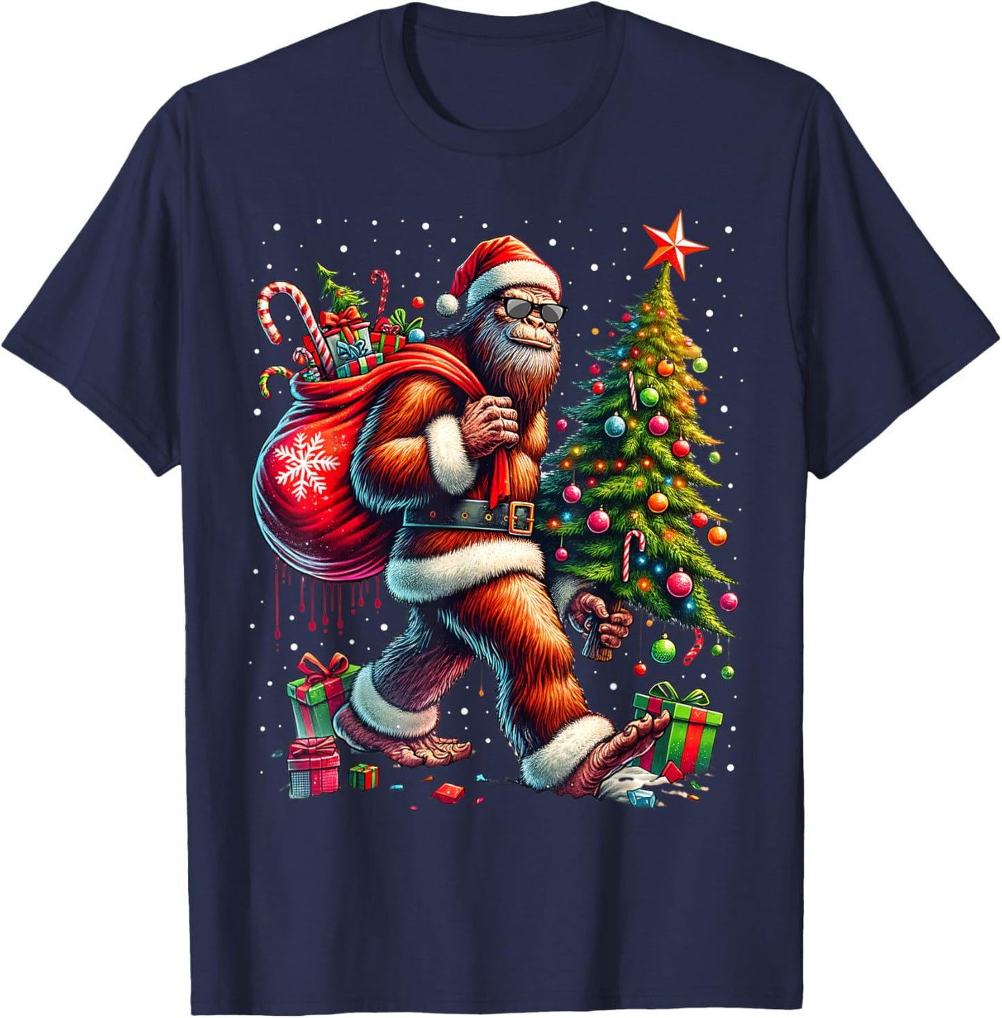 Santa Bigfoot Christmas Tree Xmas Lights Funny Sasquatch T-Shirt - T-Shirt | Navy