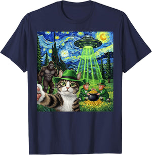St Patricks Day Bigfoot Leprechaun Cat UFO Funny Scene T-Shirt - T-Shirt | Navy
