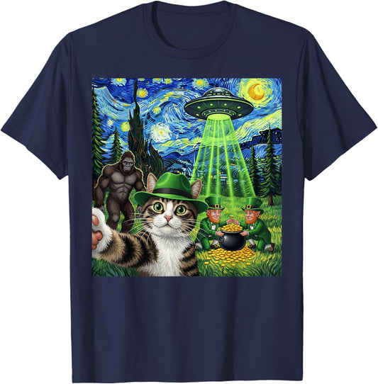 St Patricks Day Bigfoot Leprechaun Cat UFO Funny Scene T-Shirt - T-Shirt | Navy