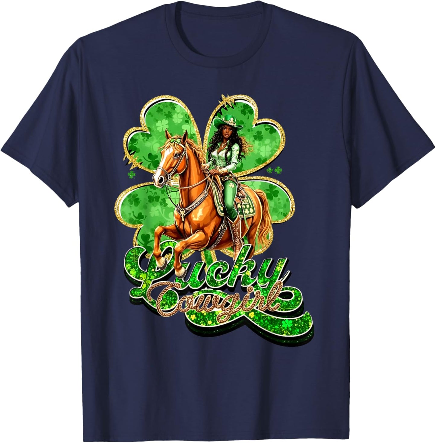Lucky Cowgirl St Patrick’s Day Western Clover Black Cowgirl T-Shirt - T-Shirt | Navy
