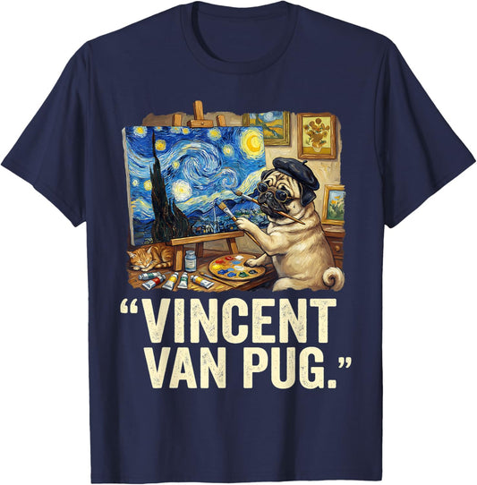 Starry Night Dog Van Gogh Pug Lovers Vincent Van Pug T-Shirt - T-Shirt | Navy