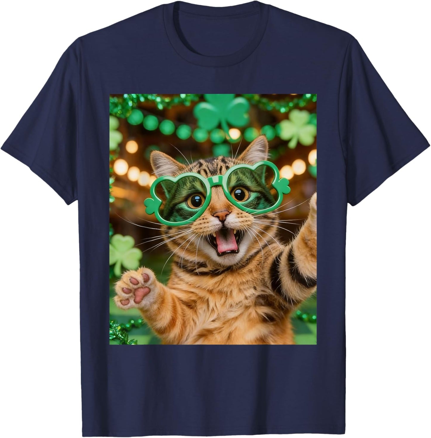 Cat Selfie St. Patrick’s Day Sunglasses Funny Cat Lover T-Shirt - T-Shirt | Navy