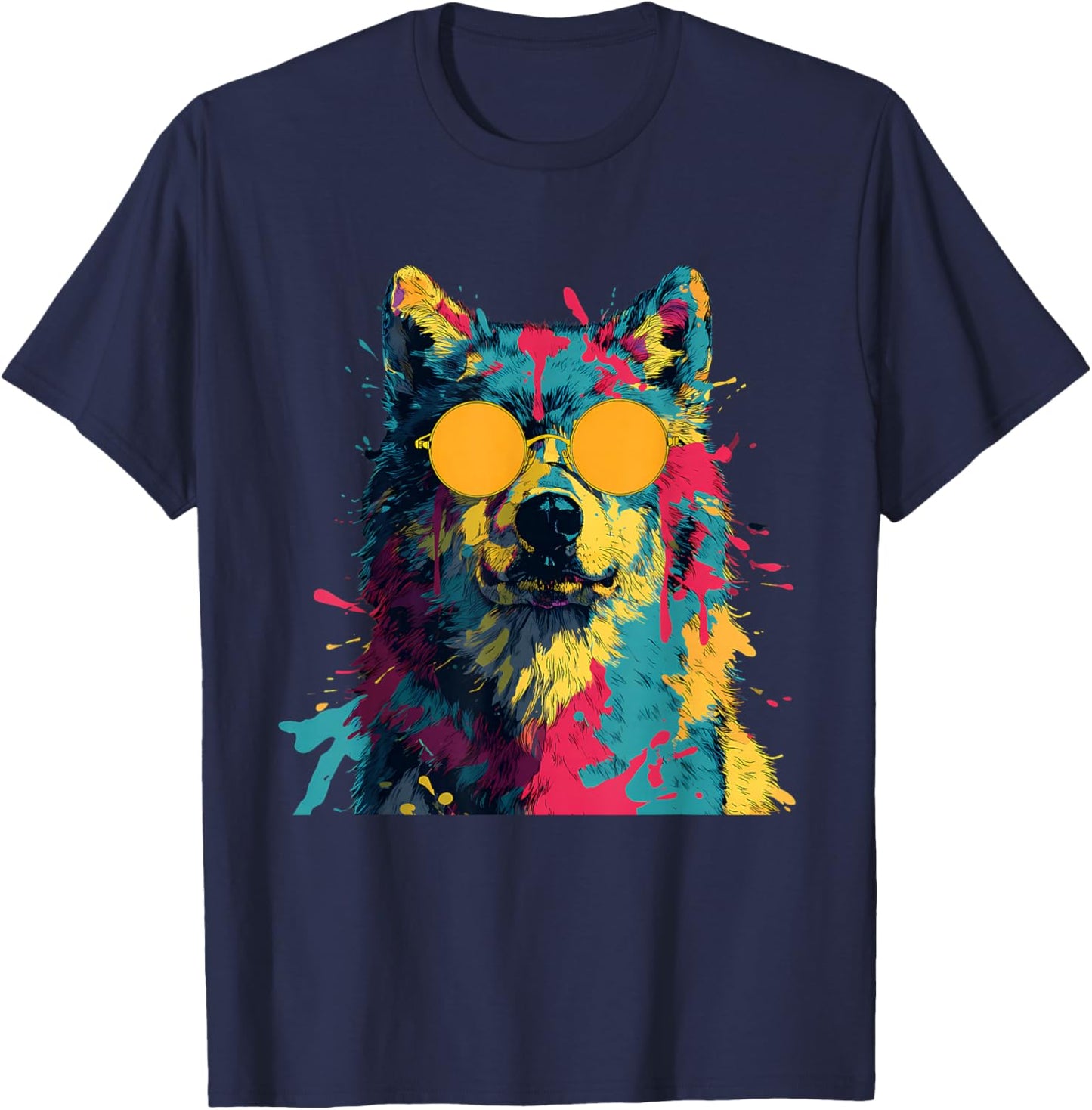 Wolf Sunglasses Animal Graphic Wildlife Colorful Wolf Lover T-Shirt - T-Shirt | Navy