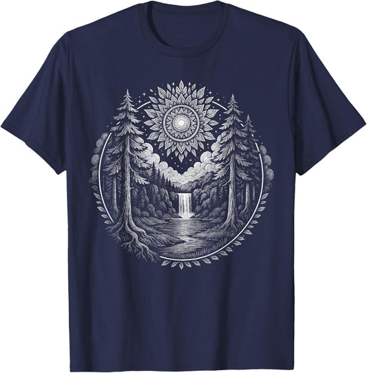 Forest Mandala Sun Waterfall Nature Boho Calm Graphic T-Shirt - T-Shirt | Navy