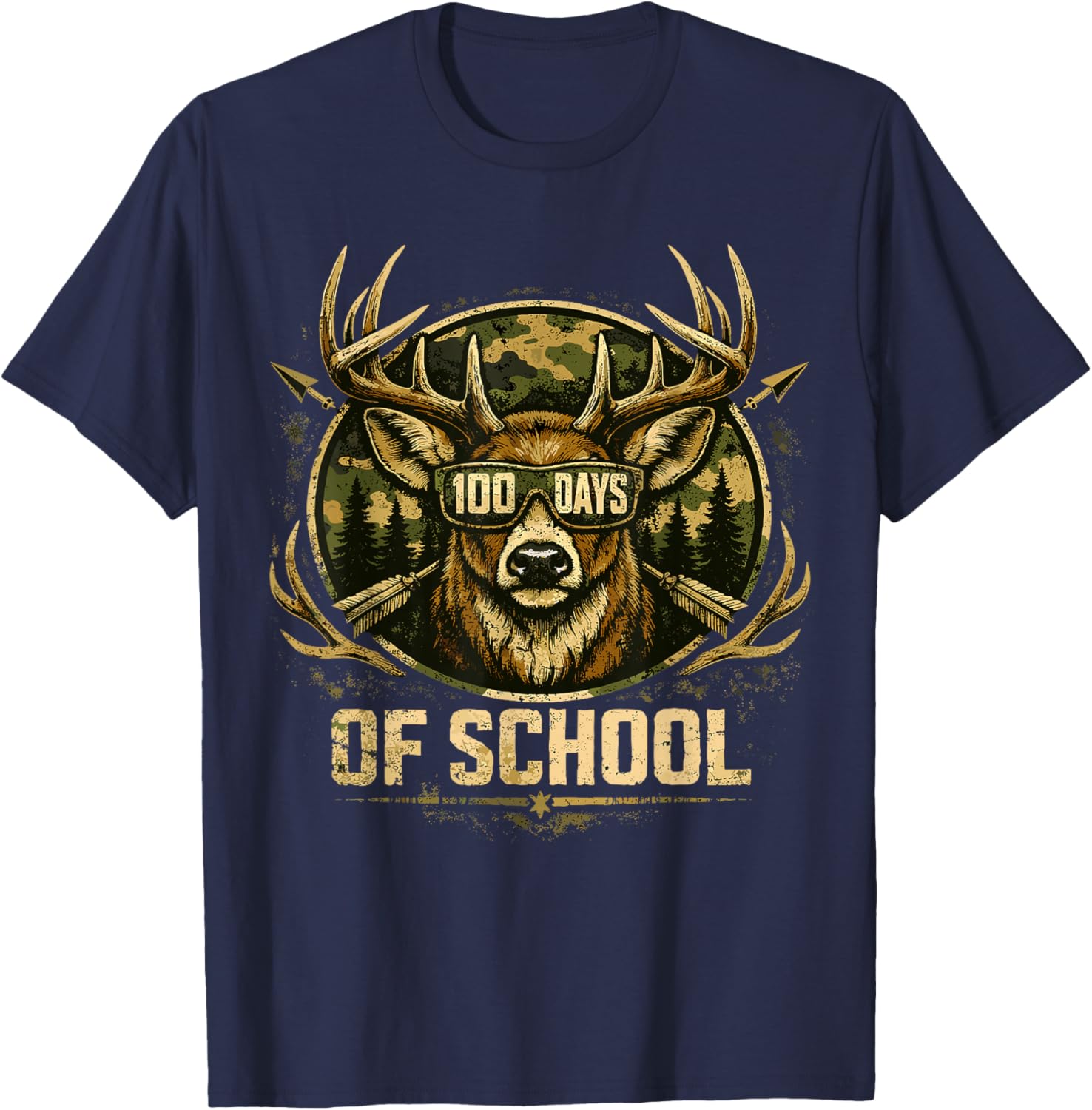 Funny Bucked 100 Day of School Camo Deer Outdoor Student Boy T-Shirt - T-Shirt | Navy