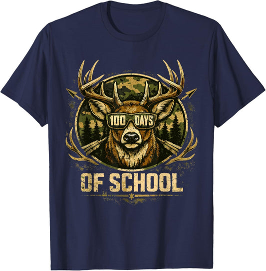 Funny Bucked 100 Day of School Camo Deer Outdoor Student Boy T-Shirt - T-Shirt | Navy