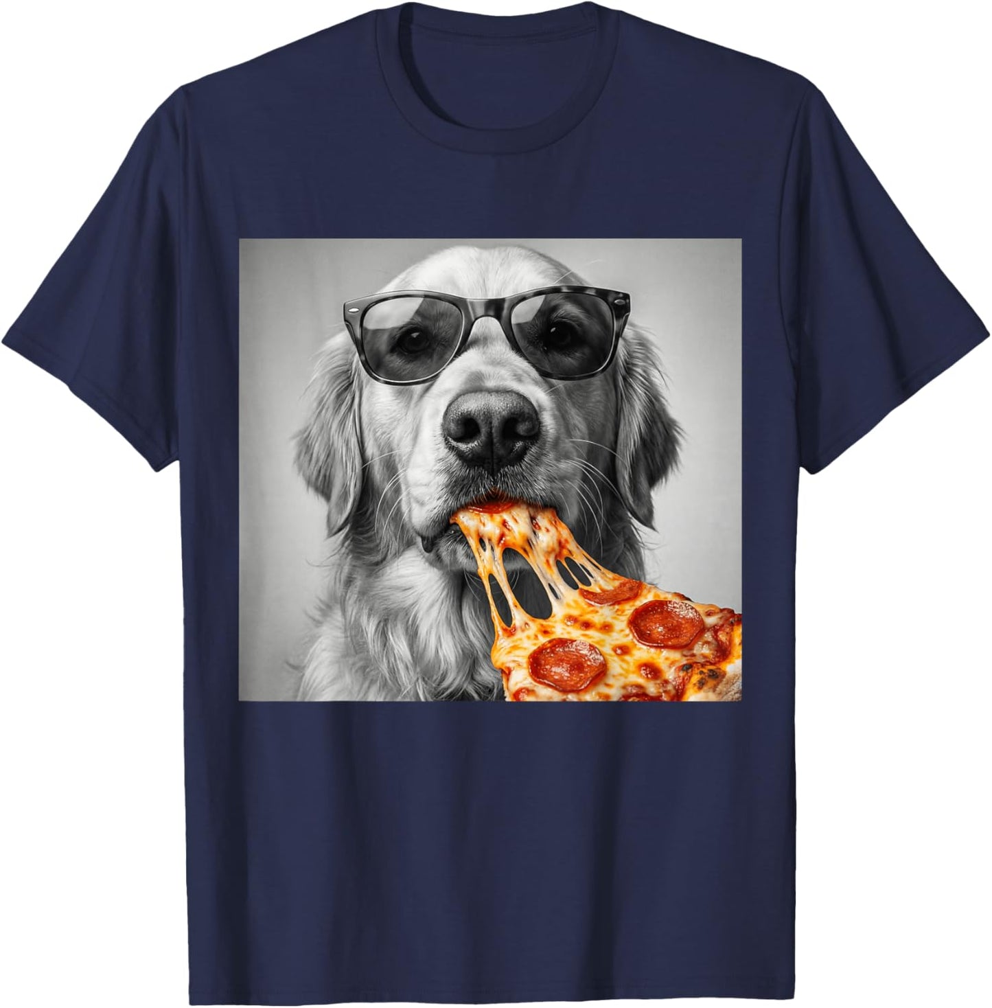 Cool Golden Retriever Eating Pizza Sunglasses Funny Dog T-Shirt - T-Shirt | Navy