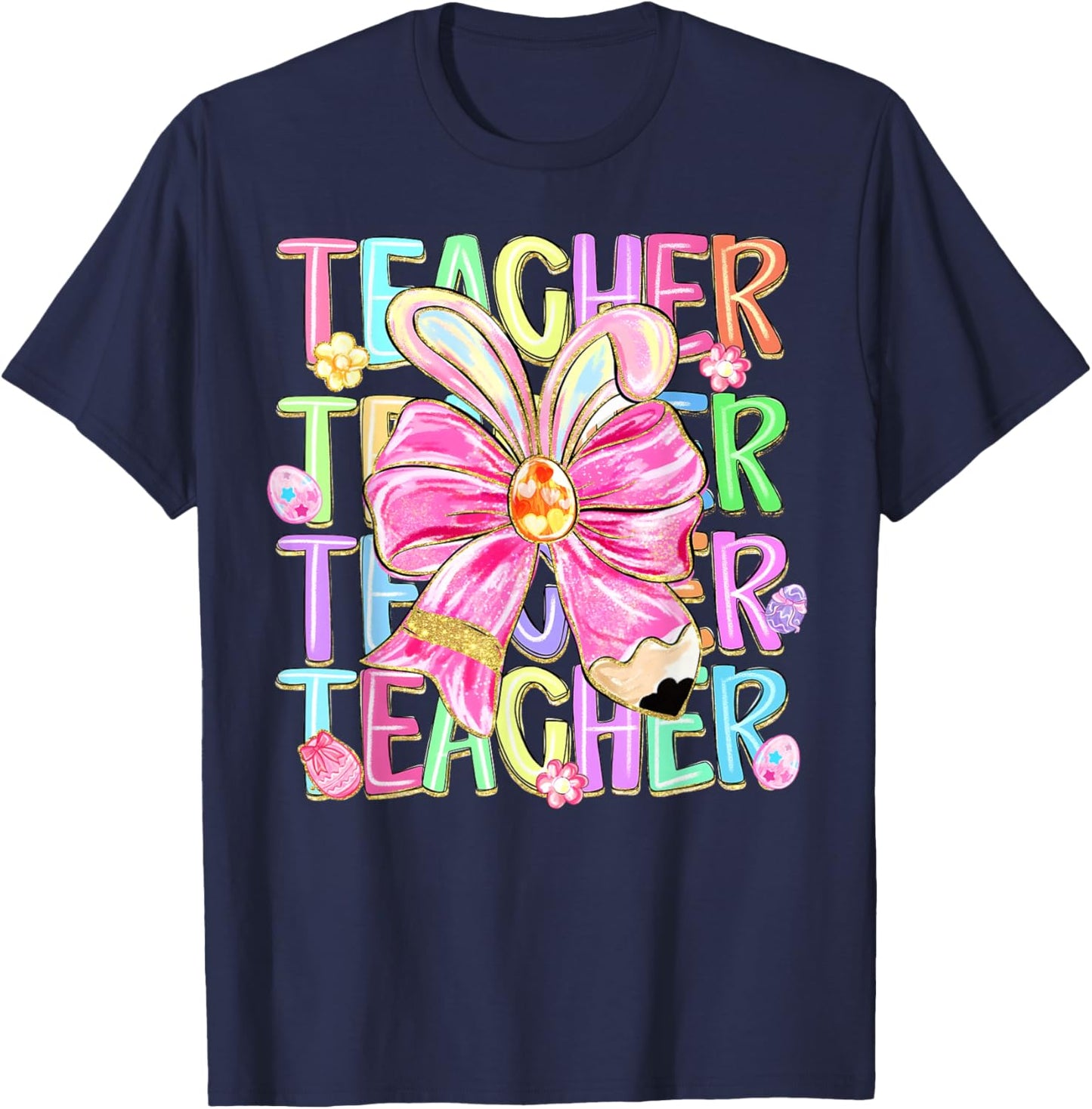 Easter Teacher Coquette Bunny Ears Bow School Teacher T-Shirt - T-Shirt | Navy