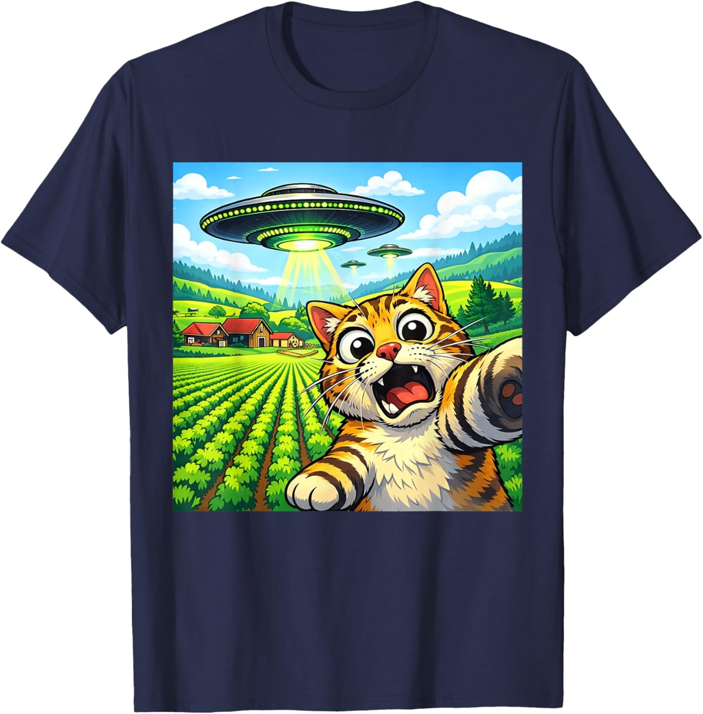 Alien Spaceship Selfie Featuring a Funny Cat T-Shirt - T-Shirt | Navy