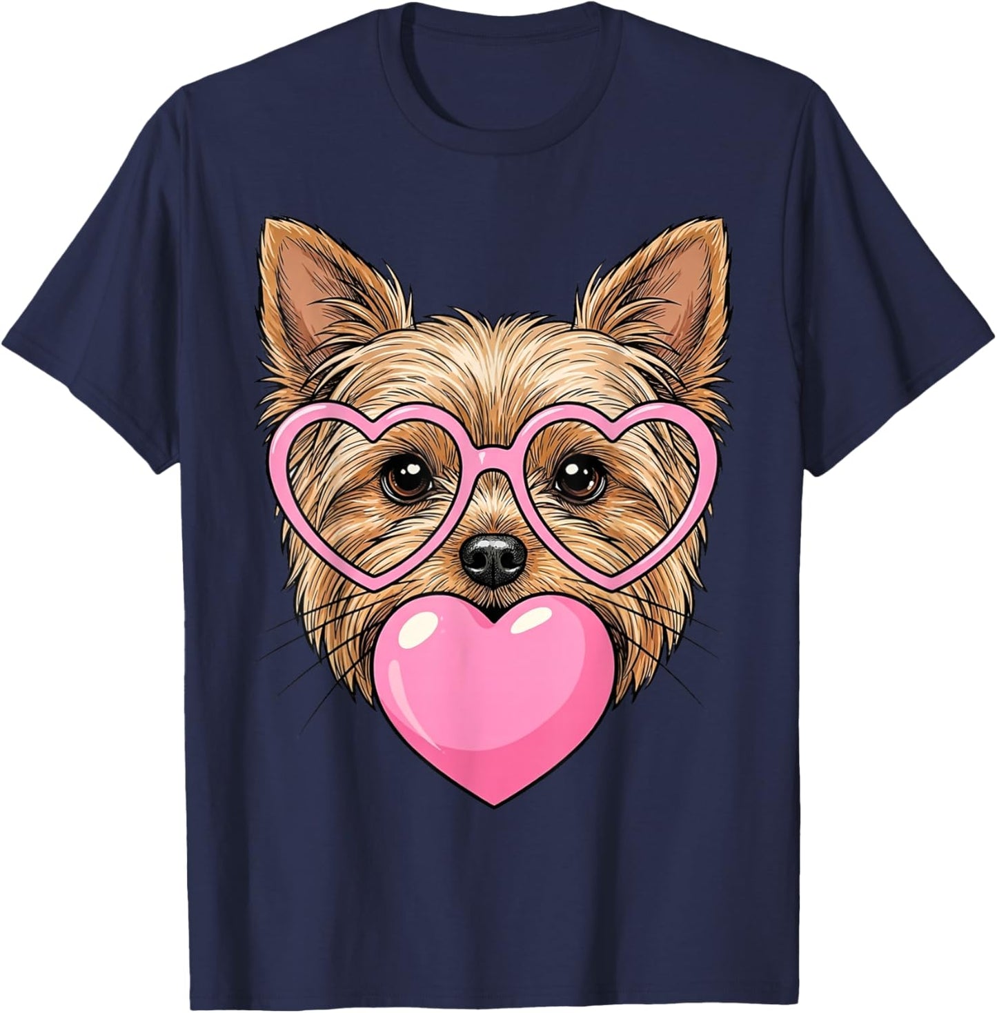 Funny Cute Yorkie Dog Heart Bubble Gum Puppy Face Animal Art T-Shirt - T-Shirt | Navy