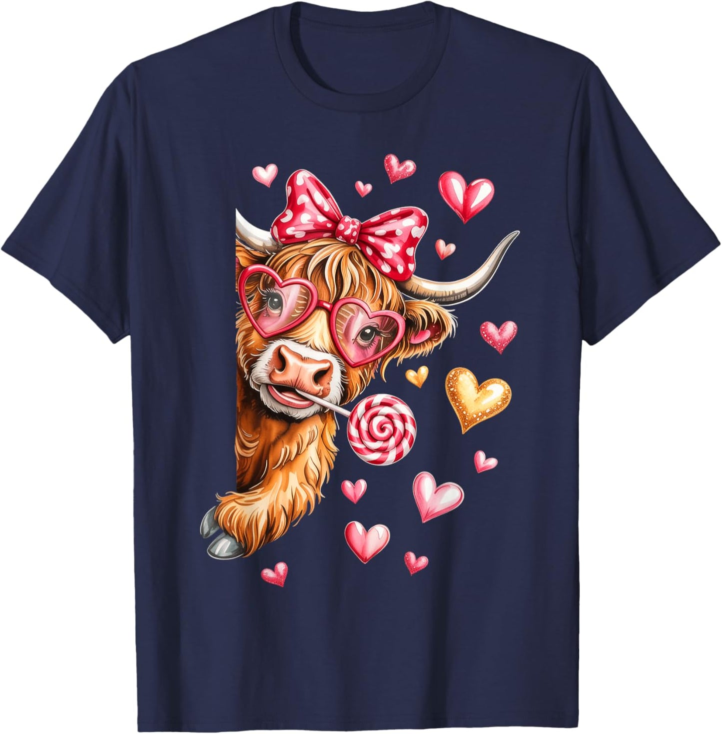 Valentine Highland Cow, Valentine Coquette T-Shirt - T-Shirt | Navy