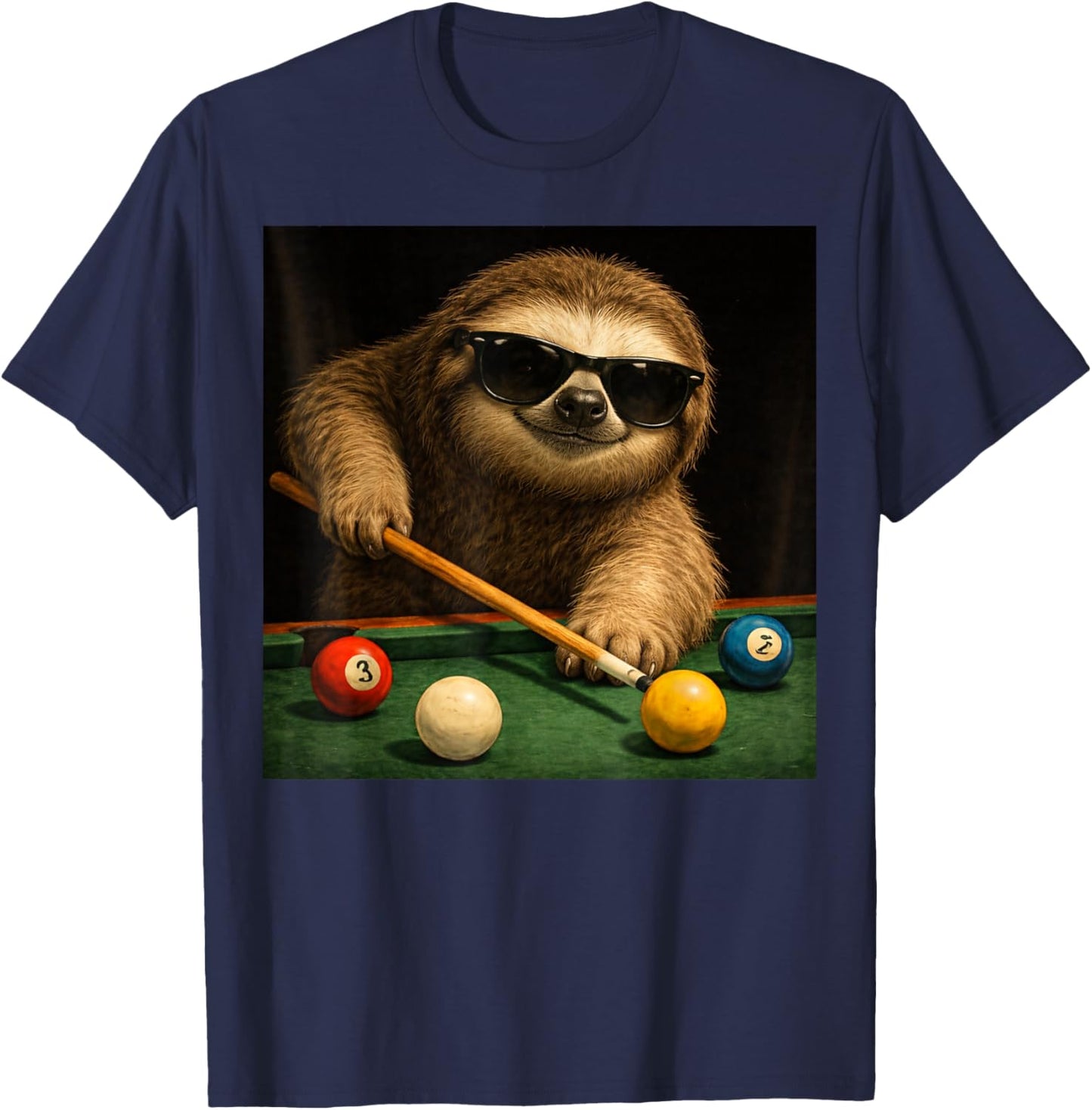 Sloth Playing Pool Billiards in Lounge Cool Funny Graphic T-Shirt - T-Shirt | Navy