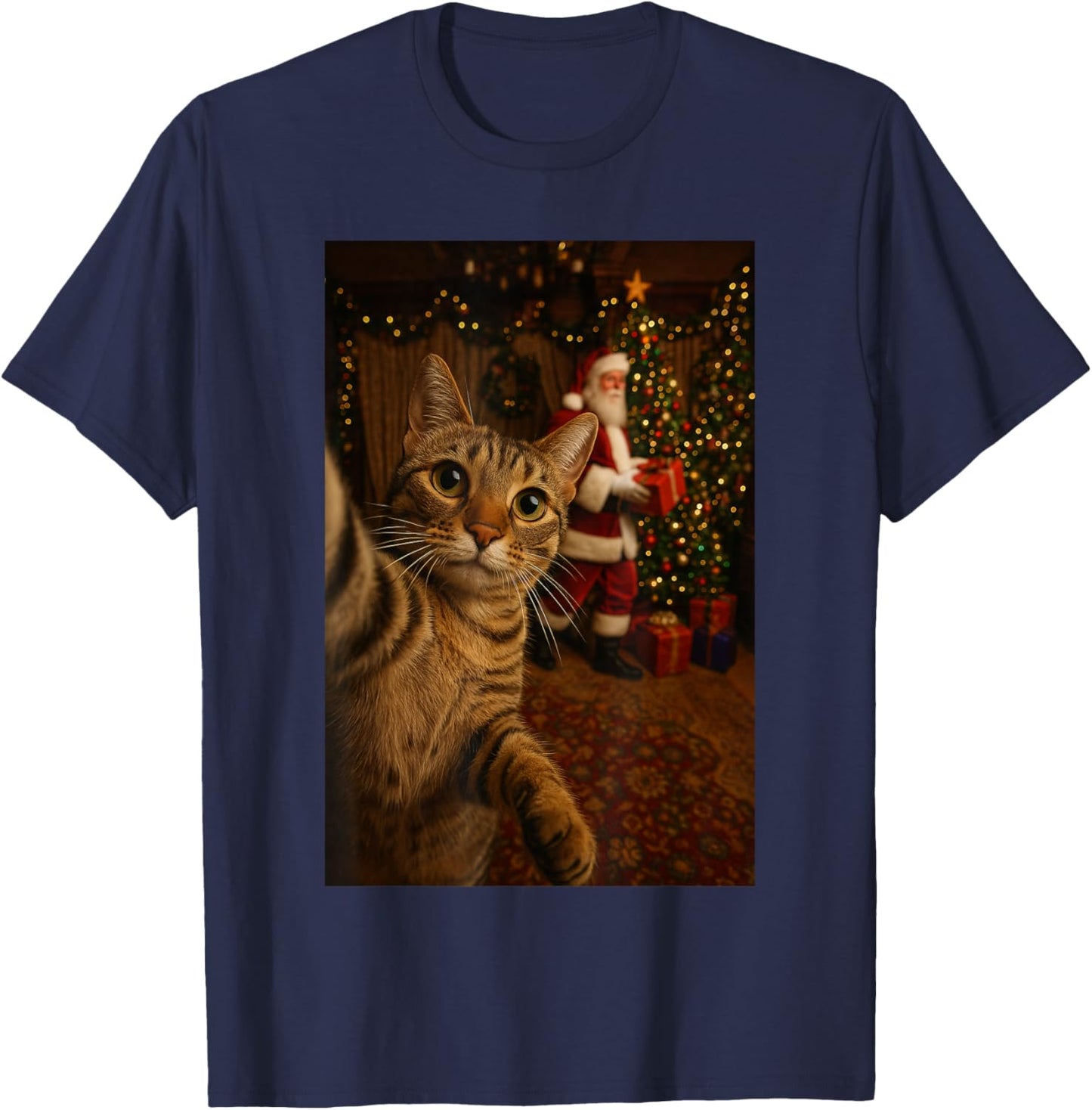 Santa Cat Christmas Tree Shirt, Funny Christmas Cat Selfie T-Shirt - T-Shirt | Navy