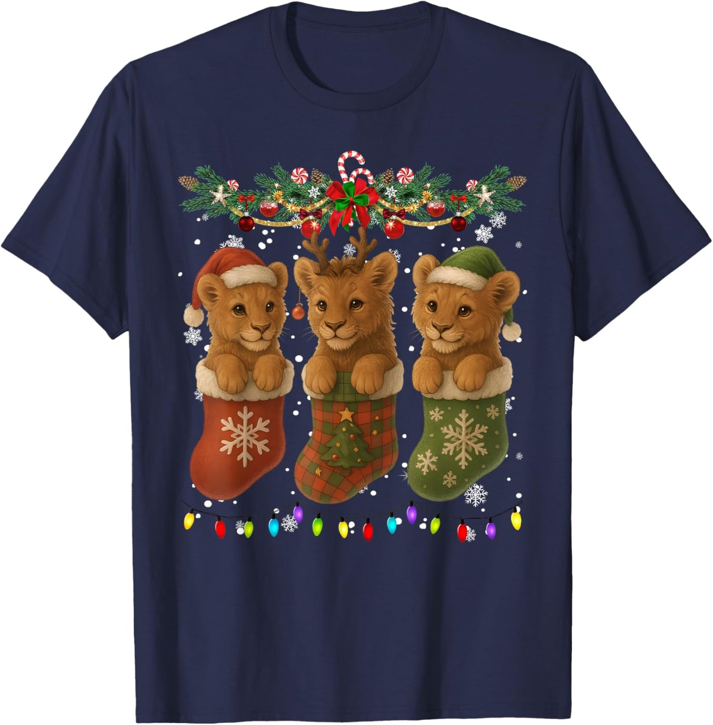 Lion in Christmas Socks Lights Lion Xmas T-Shirt - T-Shirt | Navy