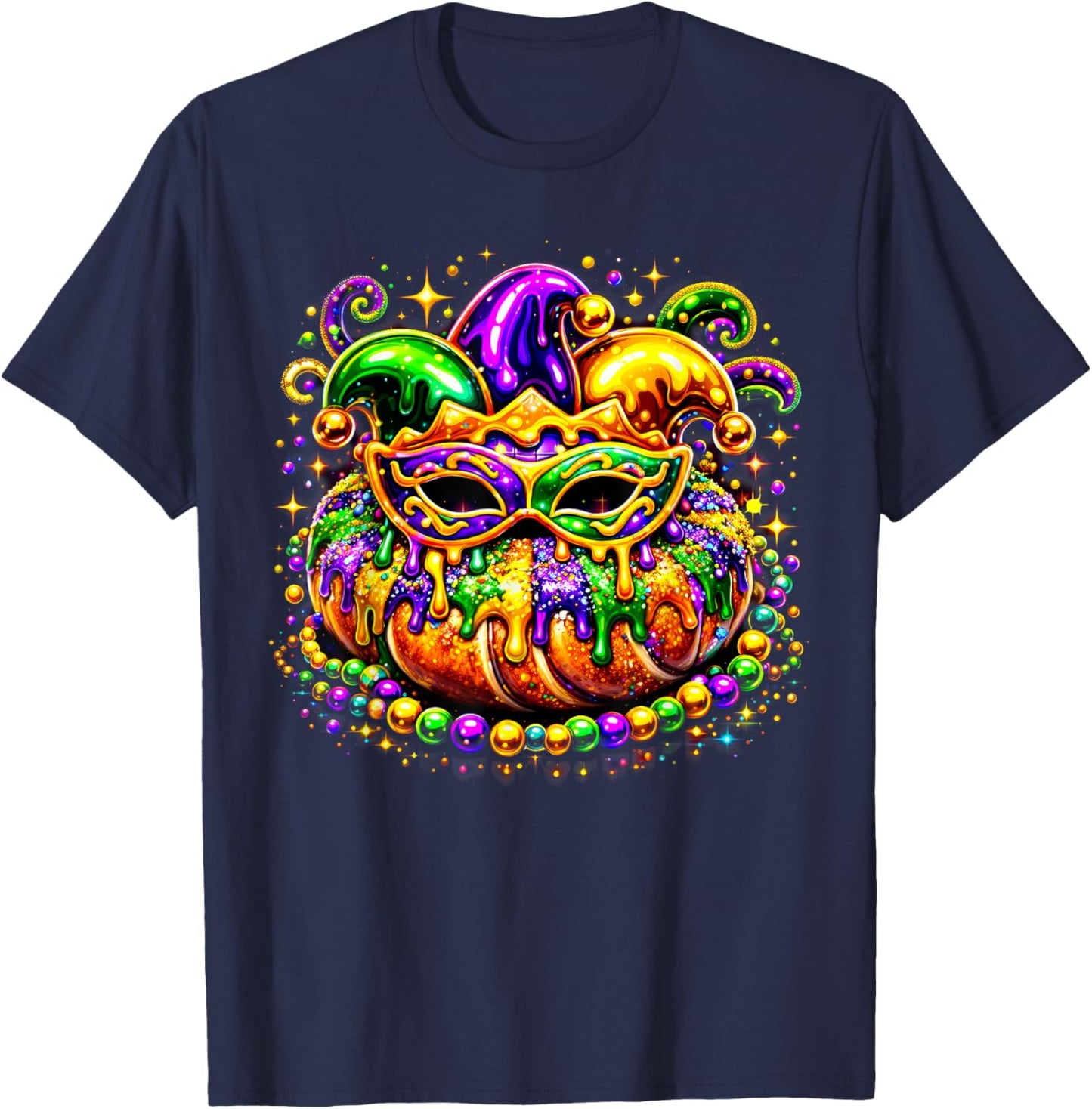 King Cake Golden Beads Mask Feathers Mardi Gras 2026 T-Shirt - T-Shirt | Navy