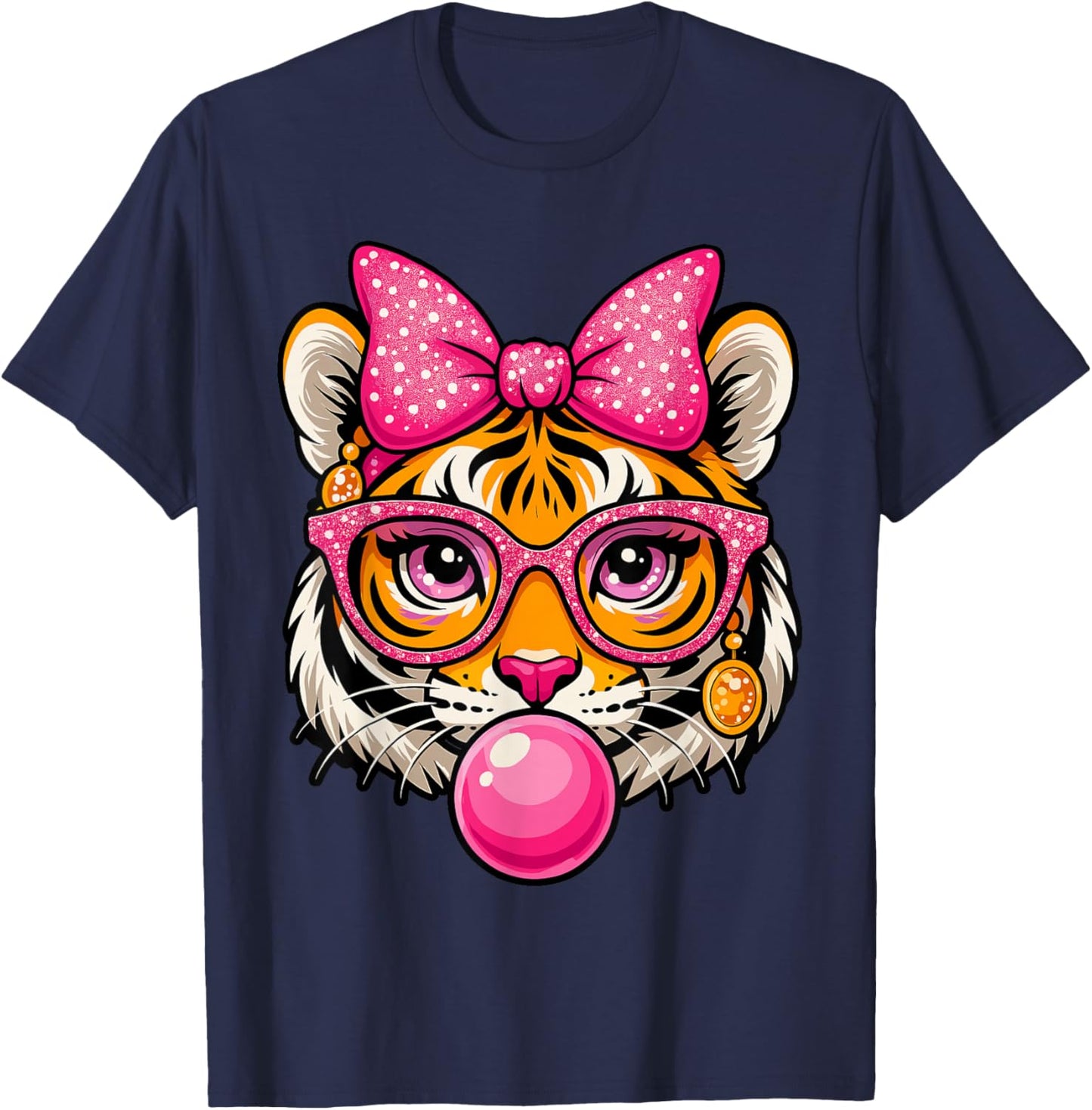 Pink Bow Tiger Shirt for Girls Cute Glasses Tiger Bubble Gum T-Shirt - T-Shirt | Navy