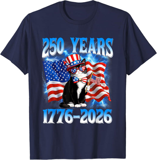 250 Years 1776 2026 250th USA Cat American Flag 4th of July T-Shirt - T-Shirt | Navy