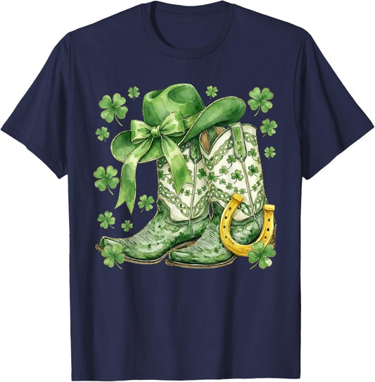 Lucky Irish Girl Howdy Western Cowgirl Boots St Patricks Day T-Shirt - T-Shirt | Navy