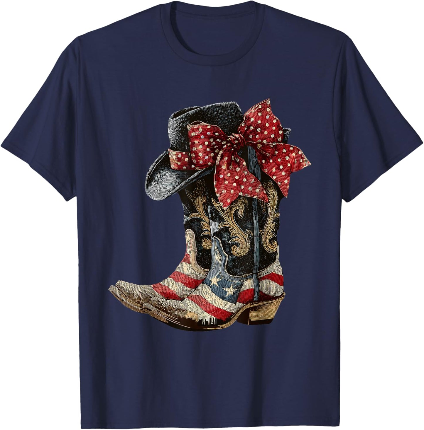 Retro Western Cowboy Cowgirl American Patriotic Rodeo Boots T-Shirt - T-Shirt | Navy