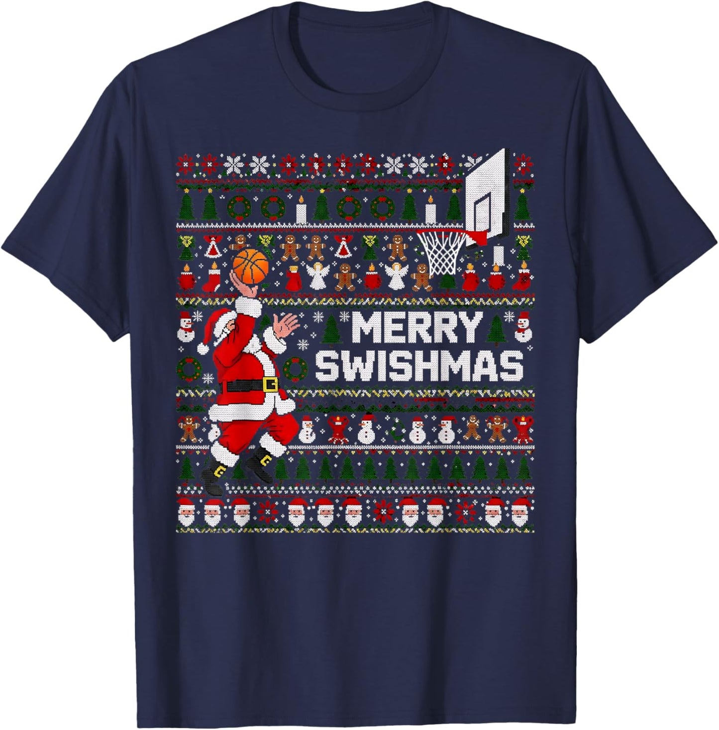 Merry Swishmas Santa Basketball Ugly Sweater Style T-Shirt - T-Shirt | Navy