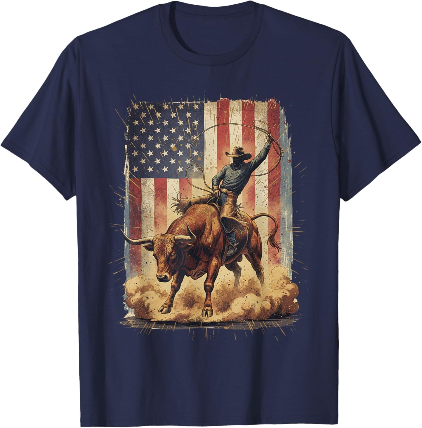 American Flag Rodeo USA Cowboy Bull Rider Western Men T-Shirt - T-Shirt | Navy