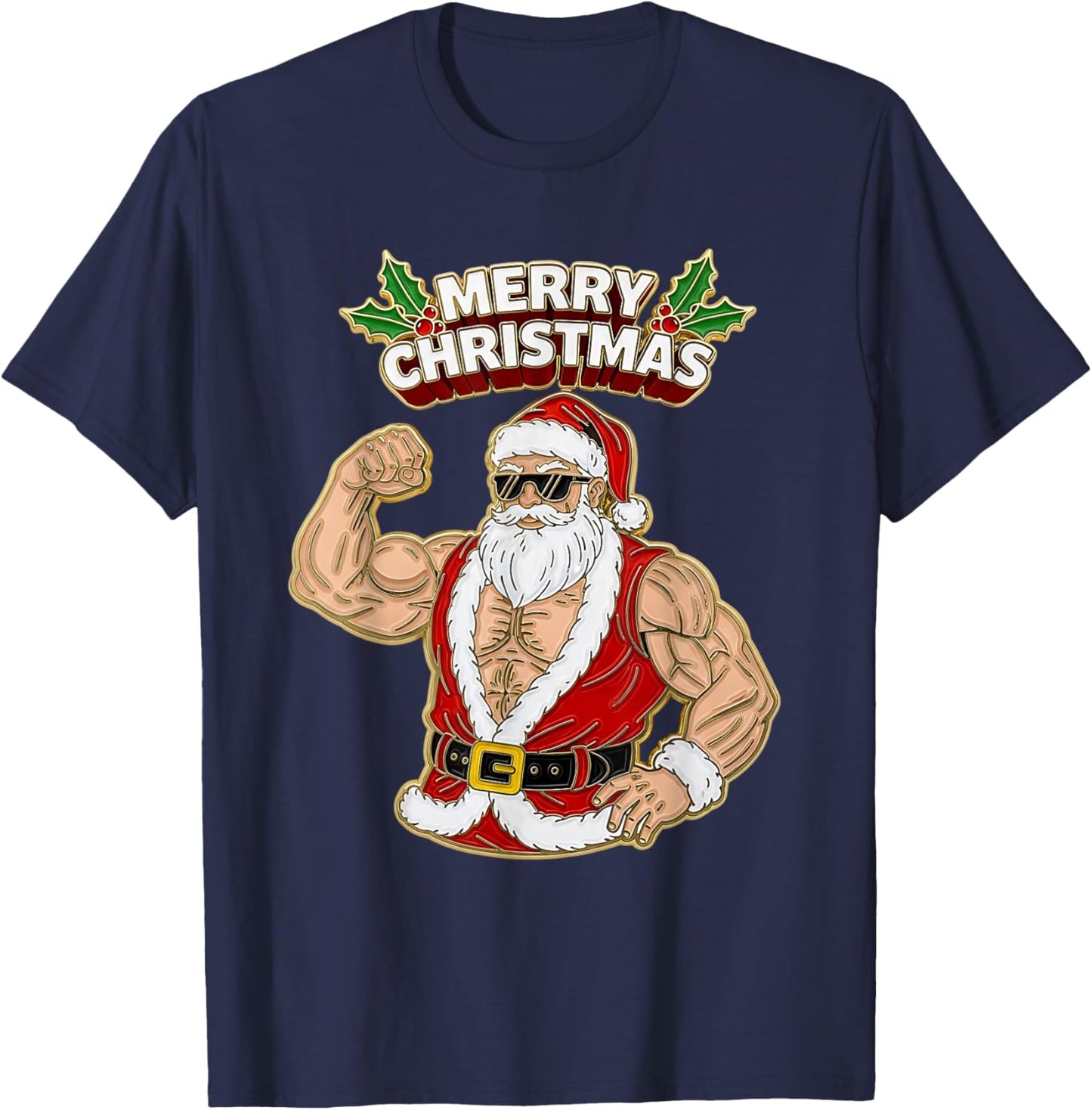 Christmas Santa Strong Muscles Bodybuilder Festive Holiday T-Shirt - T-Shirt | Navy
