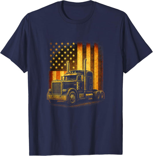 Patriotic Big Rig Truck - American Flag Semi Trailer T-Shirt - T-Shirt | Navy