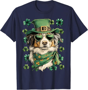 Australian Shepherd in Sunglasses Shamrocks St Patricks Day T-Shirt - T-Shirt | Navy