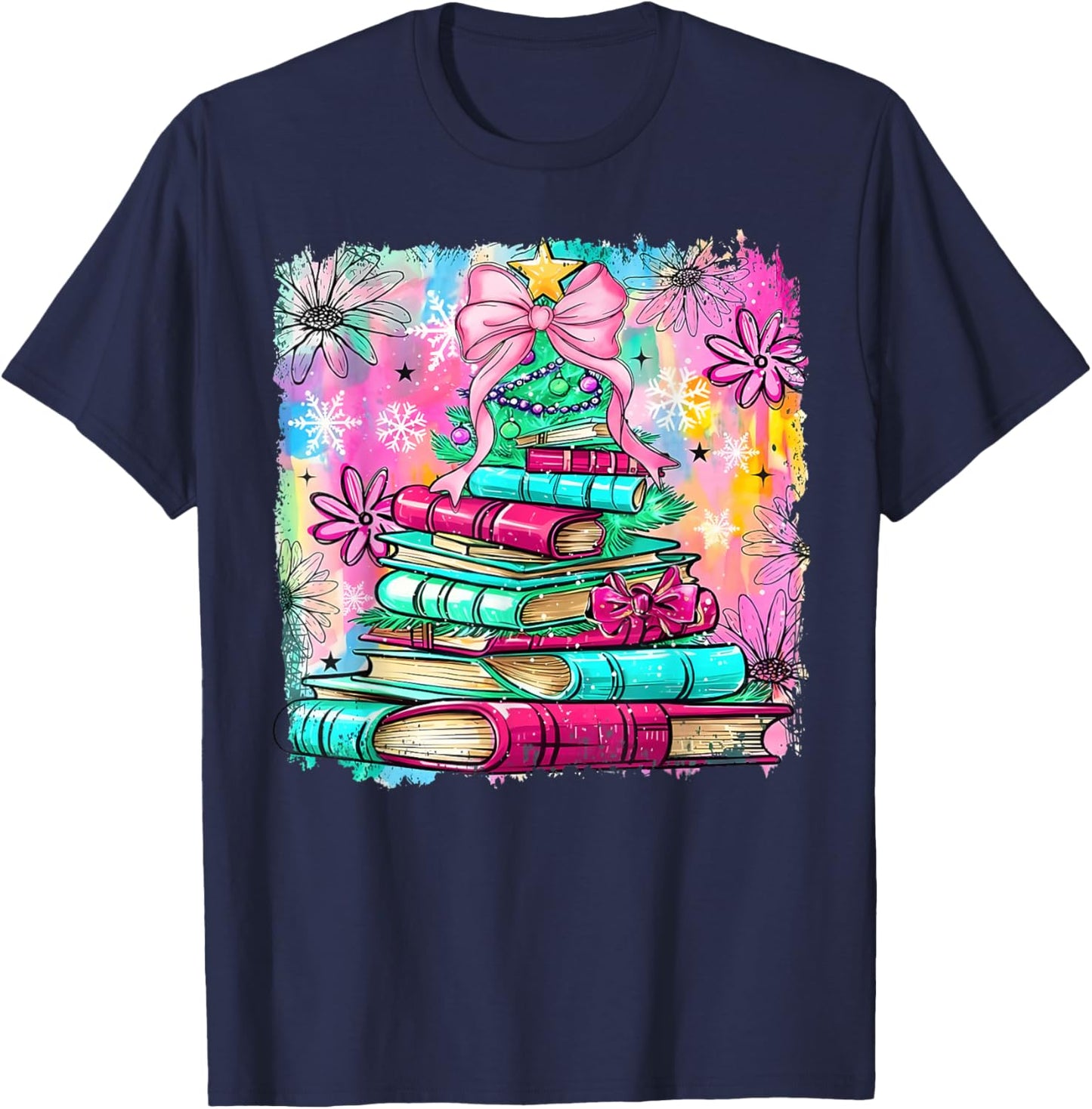 Book Christmas Tree Lights Teacher Librarian Book Lovers T-Shirt - T-Shirt | Navy