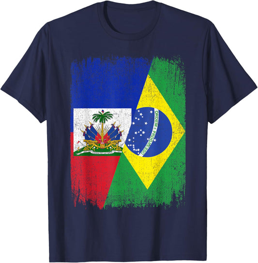 Half Haiti Brazil Flag Haitian Brazilian Pride Roots T-Shirt - T-Shirt | Navy