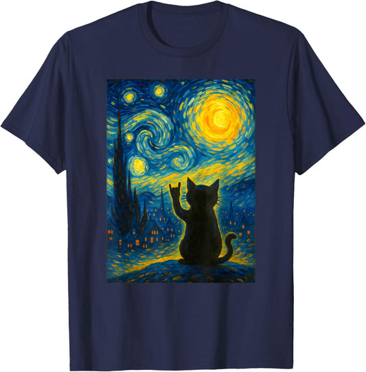 Funny Cat Rock On Sign Starry Night Funny Music Art T-Shirt - T-Shirt | Navy