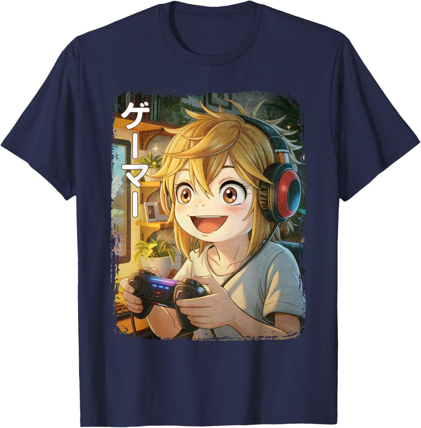 Anime Gamer Japanese Gaming Graphic T-Shirt - T-Shirt | Navy