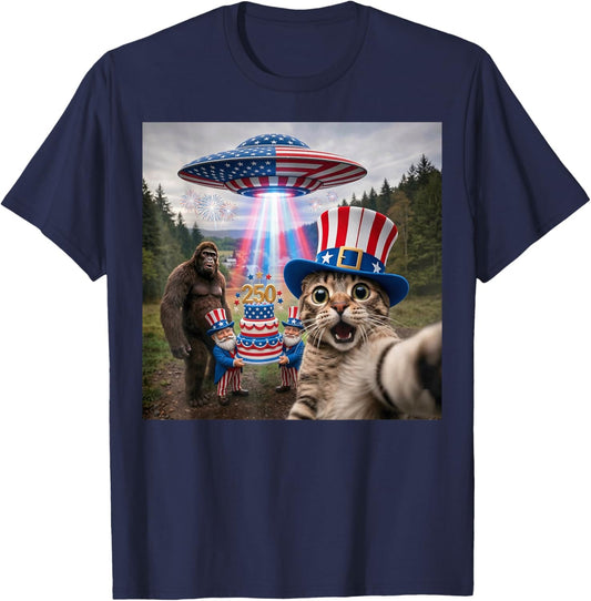 250 Years Anniversary Cat Selfie Bigfoot UFO 4th of July T-Shirt - T-Shirt | Navy