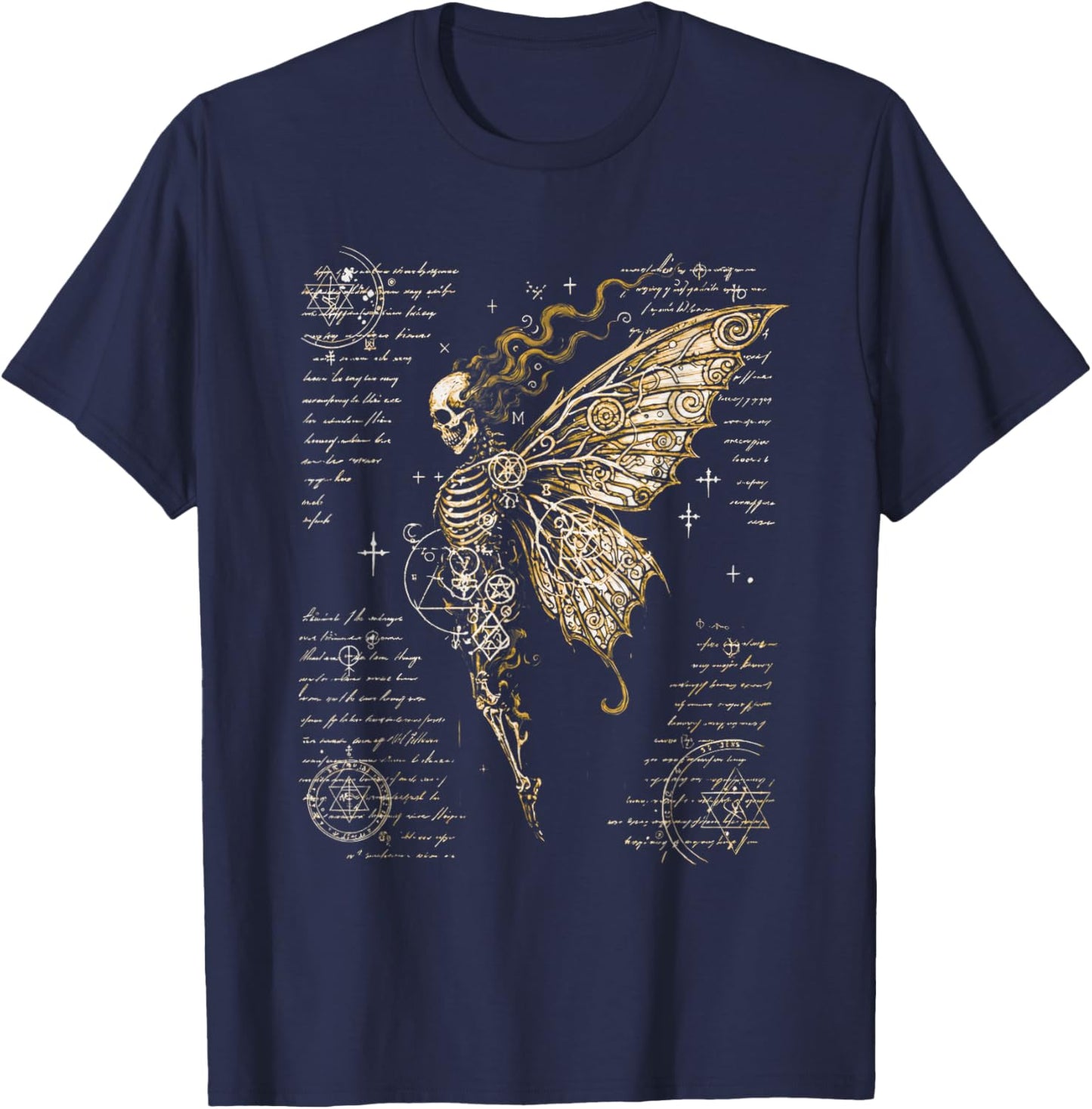 Skeleton Fairy Moth Occult Symbols Dark Gothic Art T-Shirt - T-Shirt | Navy