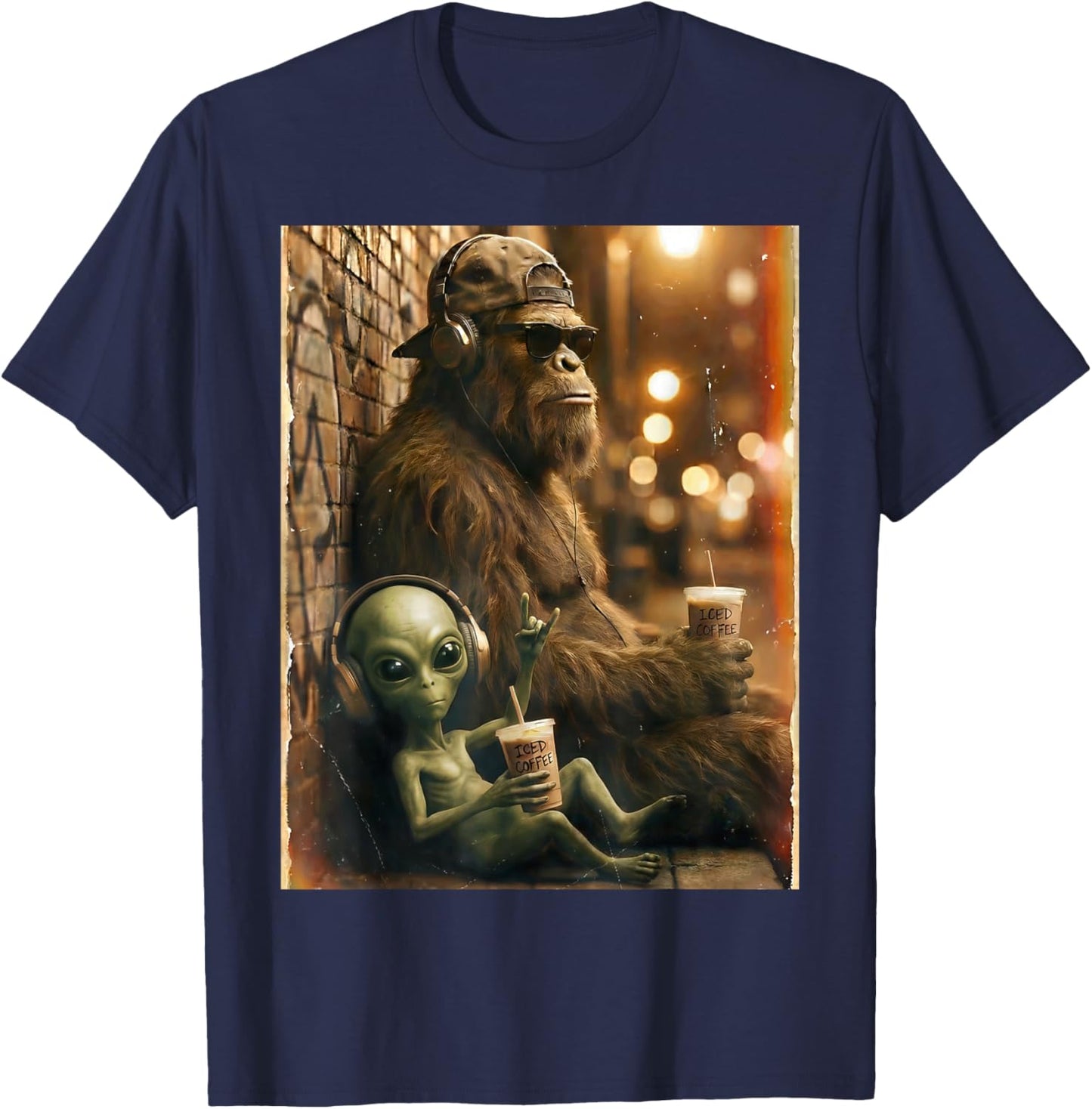 Vintage Bigfoot with Alien Drinking Iced Coffee, Women Men T-Shirt - T-Shirt | Navy