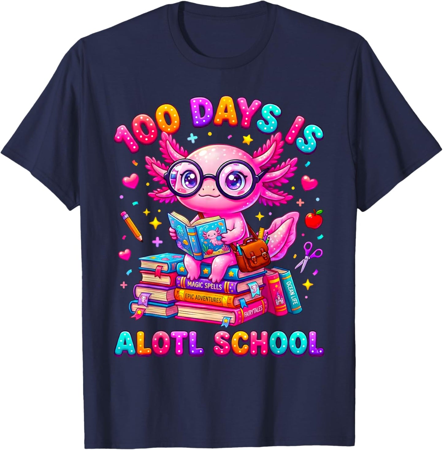 100 Days is Alotl School Axolotl Girls 100 Days of School T-Shirt - T-Shirt | Navy
