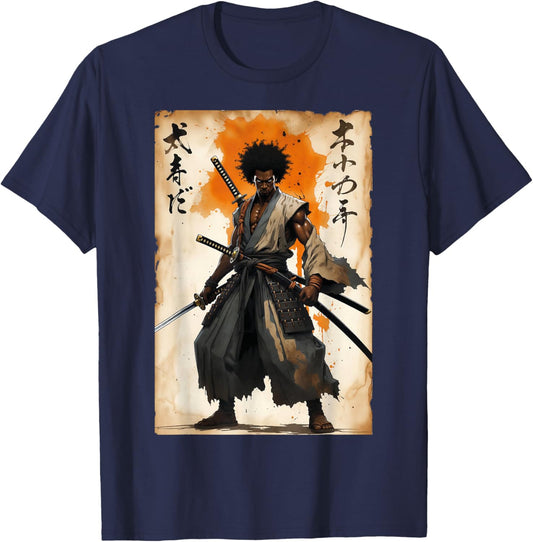African Samurai Afro American Vintage Bushido Katana Warrior T-Shirt - T-Shirt | Navy
