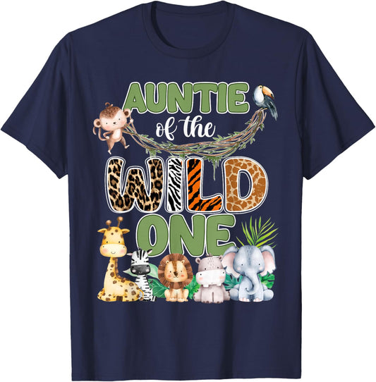 Auntie of The Wild One 1St Birthday Family Safari Jungle T-Shirt - T-Shirt | Navy
