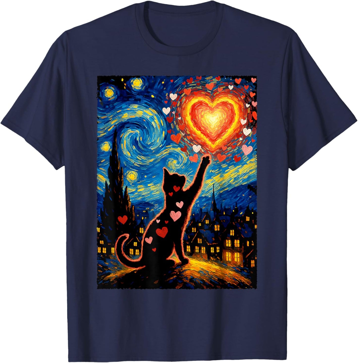 Romantic Cat Van Gogh Starry Night Valentine Art Lovers T-Shirt - T-Shirt | Navy