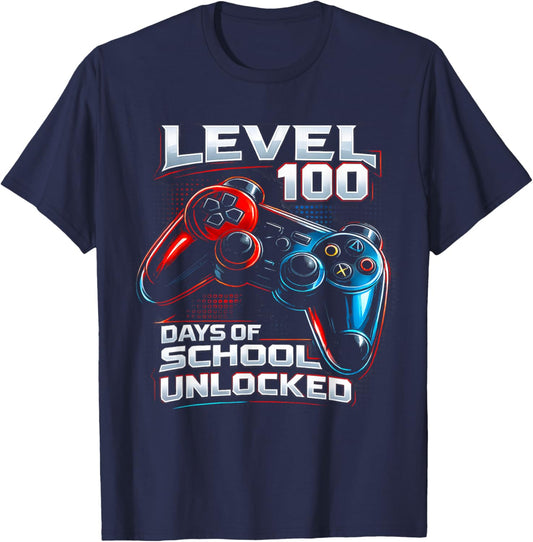 Level 100 Days of School Unlocked Gamer Video Games Boys T-Shirt - T-Shirt | Navy