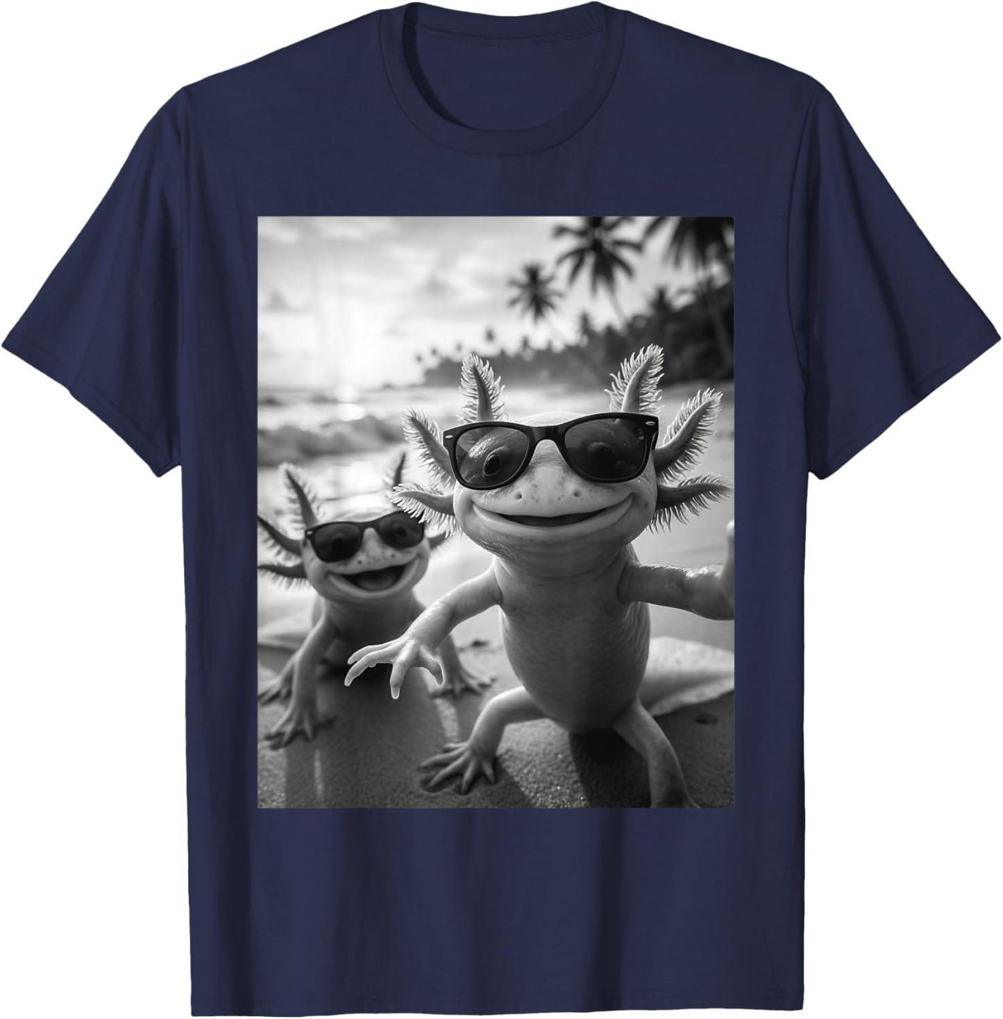 Cool Axolotl Selfie At The Beach, Cute Axolotls T-Shirt - T-Shirt | Navy