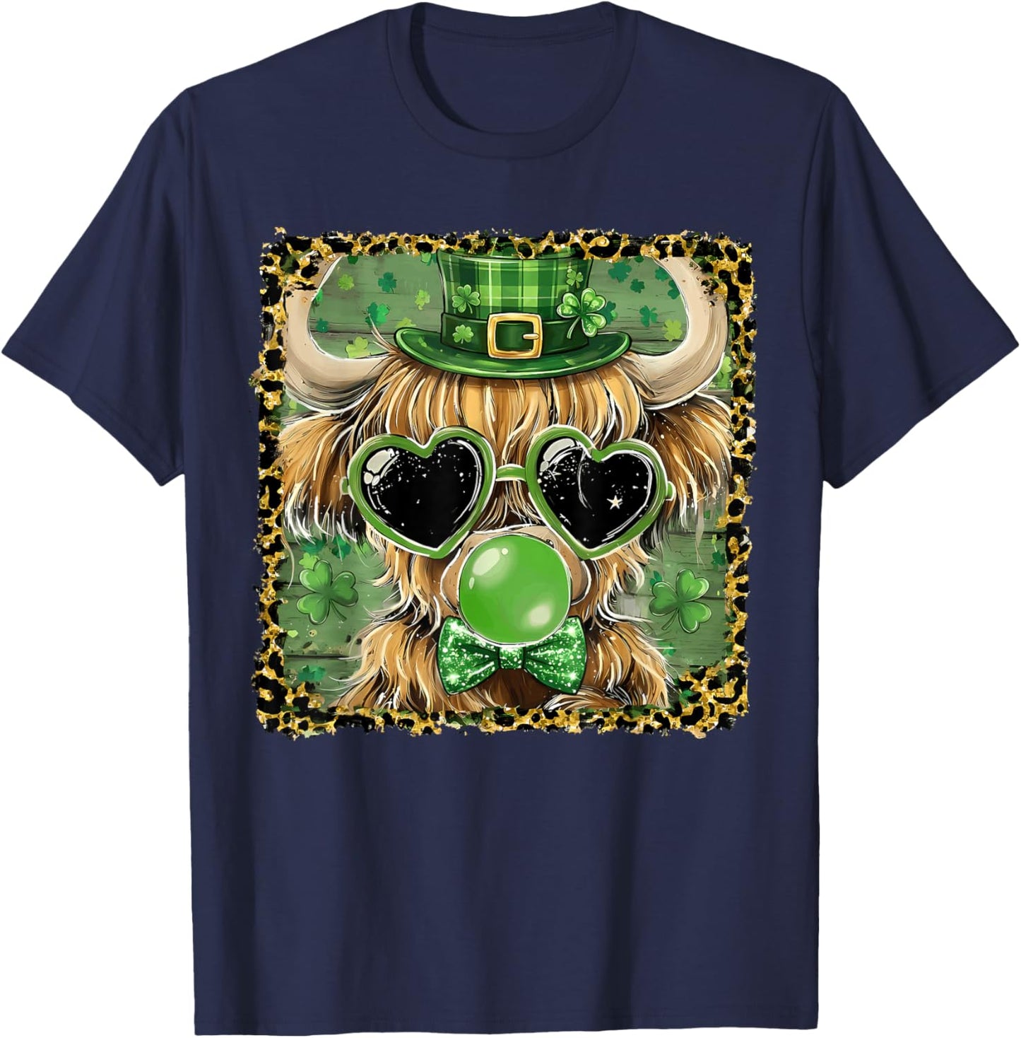 Leopard Lucky Highland Cow Heart Glasses St Patricks Day T-Shirt - T-Shirt | Navy